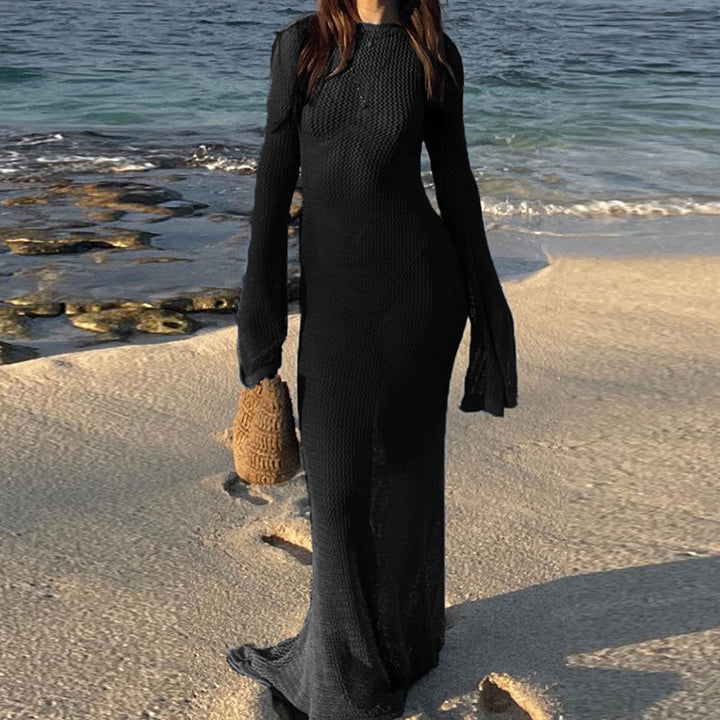 Damen Häkel-Strandmaxikleid mit weitem Schnitt und eleganten Glockenärmeln Skjora