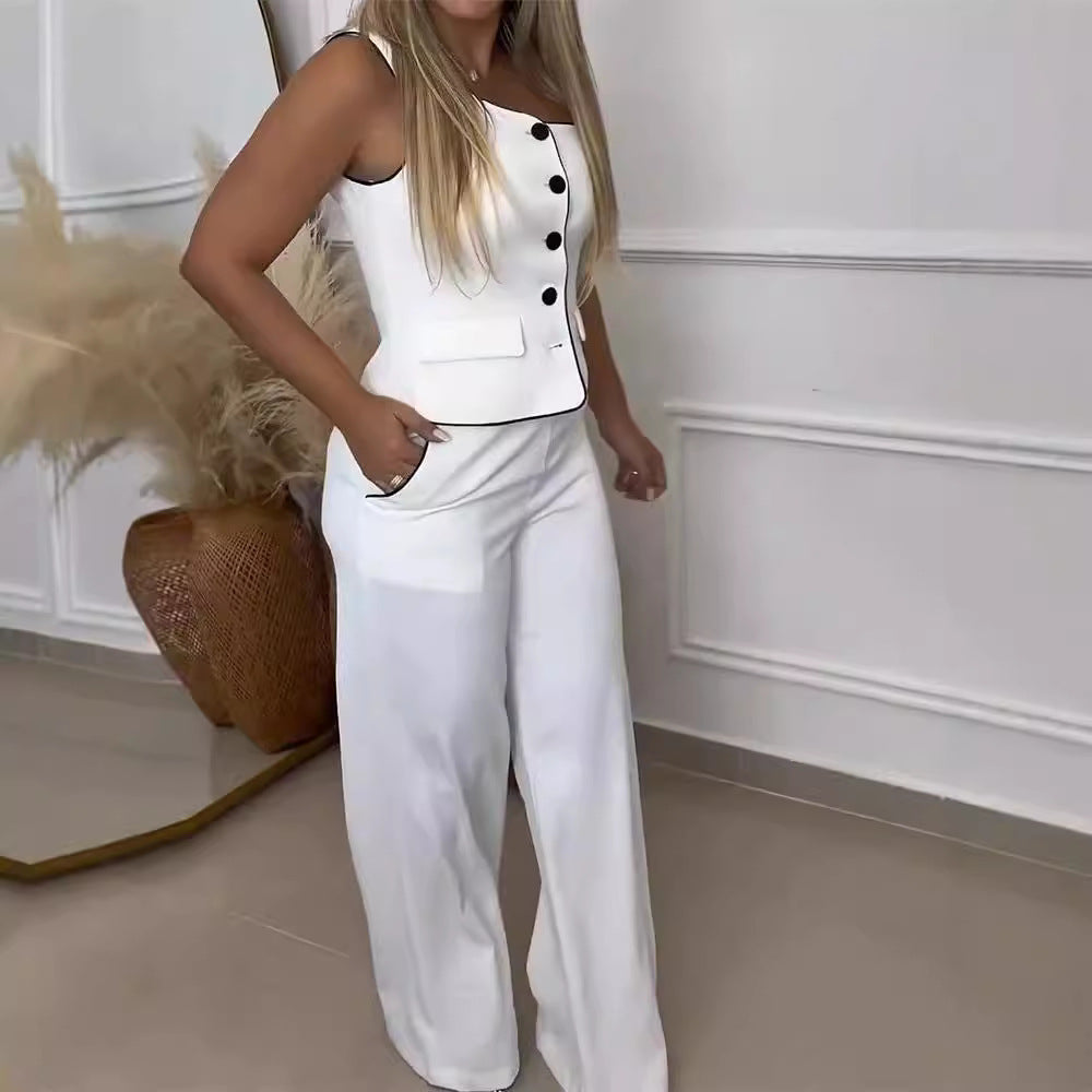 Dame Elegant To-delt Outfit med smykkeknapper og vidt skårne bukser Skjora