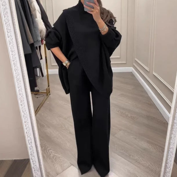Kvinnelig Cozy Knit Ensemble med Oversized Genser og Vide Bukser Skjora