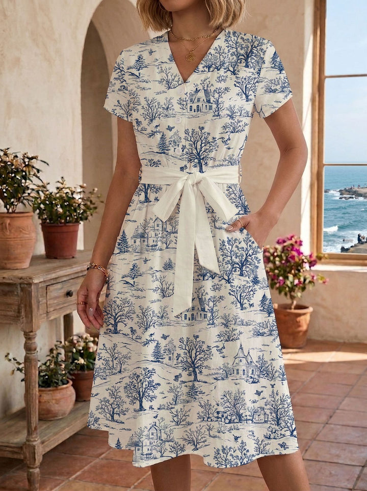 Damen Sommerliches Kleid mit taillierbarem Bindegürtel und floralem Muster Skjora