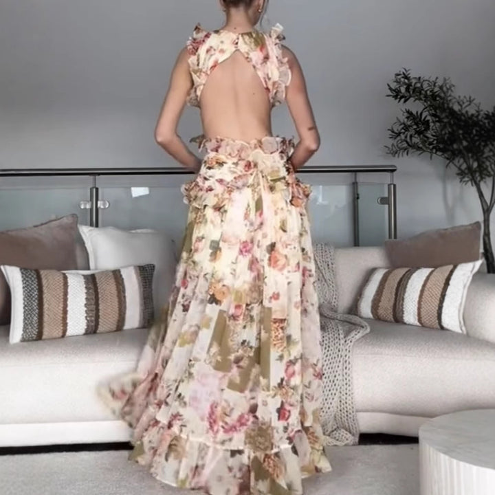 Damer Elegant Maxi Kjole med Blomster Volanger og Dyp V-hals