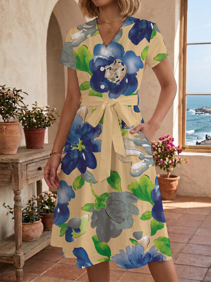 Damen Midikleid mit floralem Muster und Taillengürtel Skjora