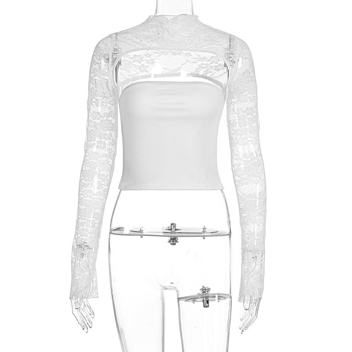 Damer Elegant topp med transparente ermer og høy kvalitetsspiss Skjora