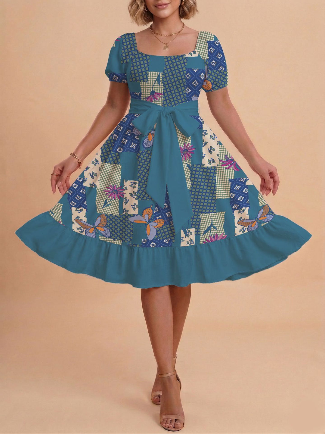 Damen Retro Maxikleid mit Puffärmeln und Taillengürtel Skjora