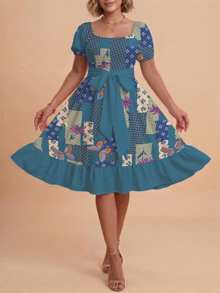 Damen Retro Maxikleid mit Puffärmeln und Taillengürtel Skjora