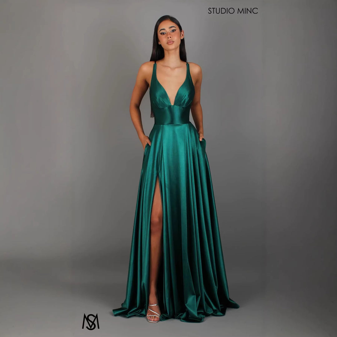Damer Elegant Maxi Kjole med Dyp V-Hals og Moderne Splitt