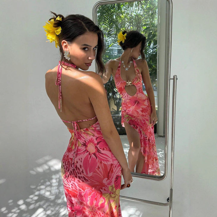 Dame Maxikjole med elegant cut-out-design og florale accenter Skjora