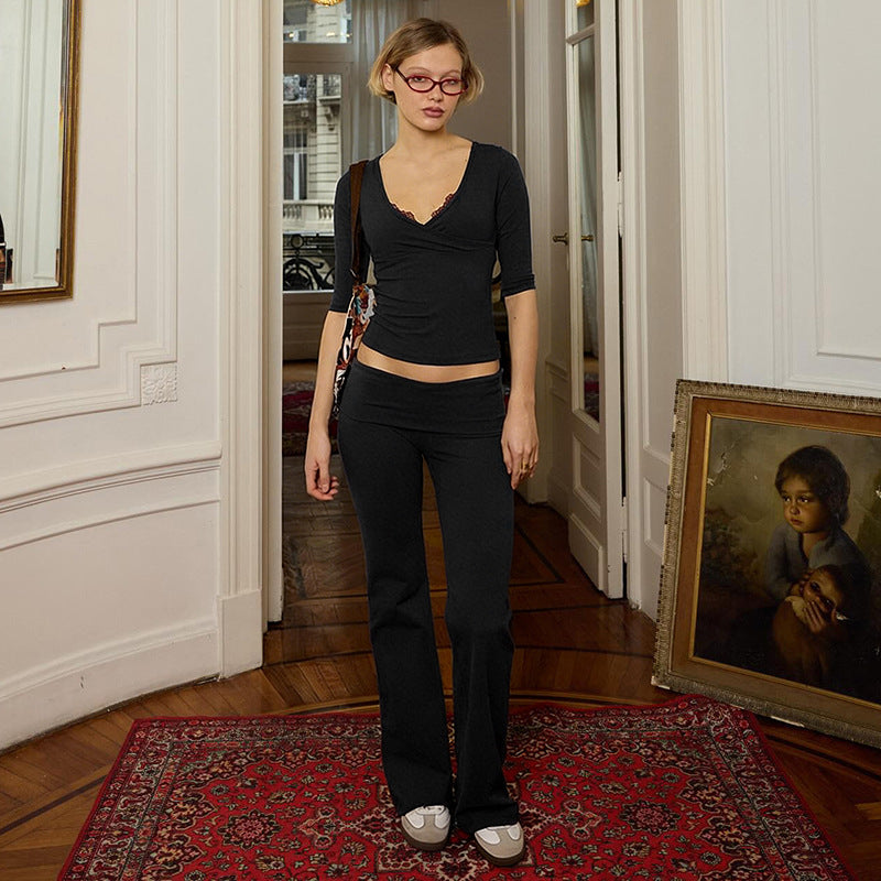 Dame casual sett med elegant topp og flytende bukseseler Skjora