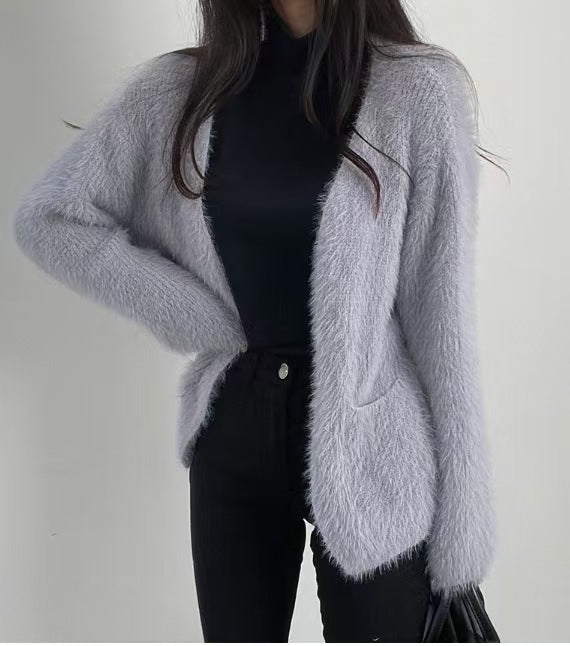 Dame Fluffy Cardigan med Åpne Front og Praktiske Lommer Skjora