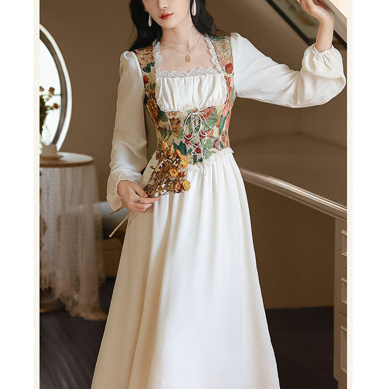 Kvinne Elegant Kveldsdrakt med Blomster Top og Lange Ermer