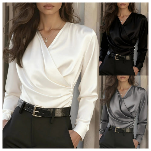Dame omslagsbluse med elegante knappedetaljer Skjora