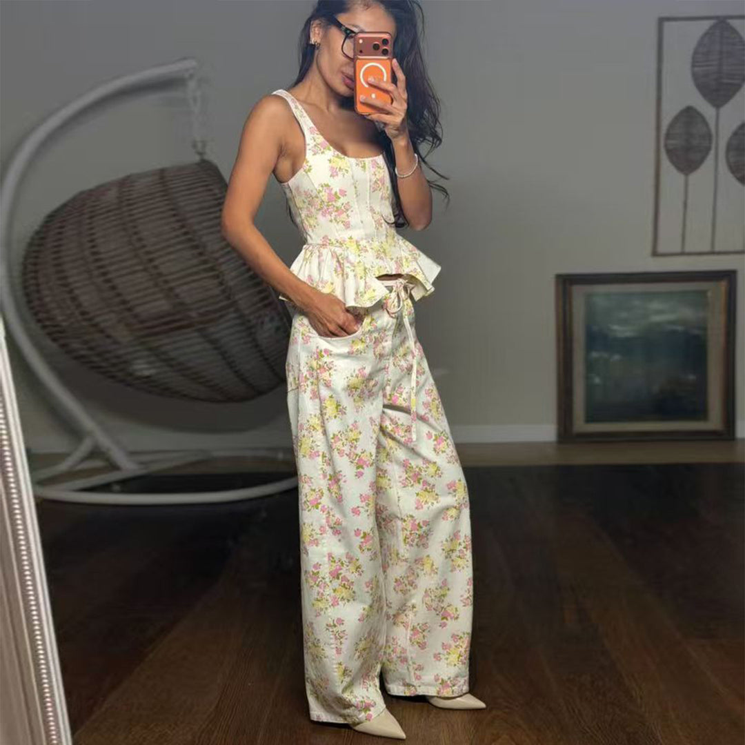 Dame To-dels Sett med Blomstrete Topp og Vide Bukser