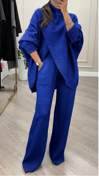 Kvinnelig Cozy Knit Ensemble med Oversized Genser og Vide Bukser Skjora