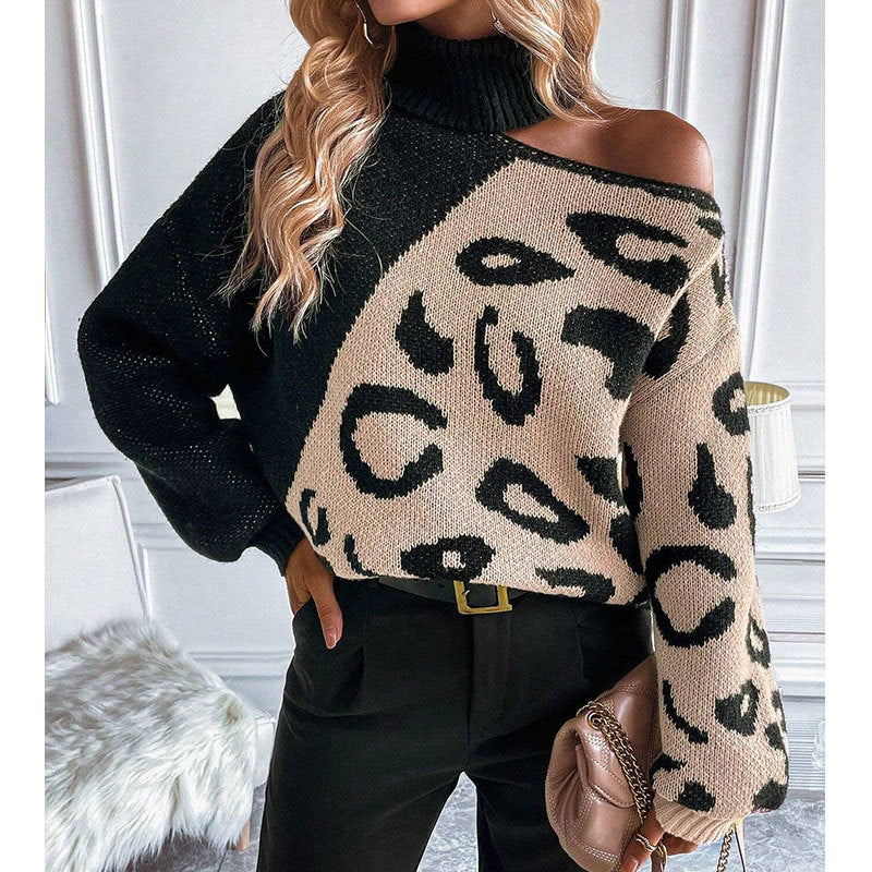 Dame strikkegenser med trendy leopardmønster og høy krage Skjora