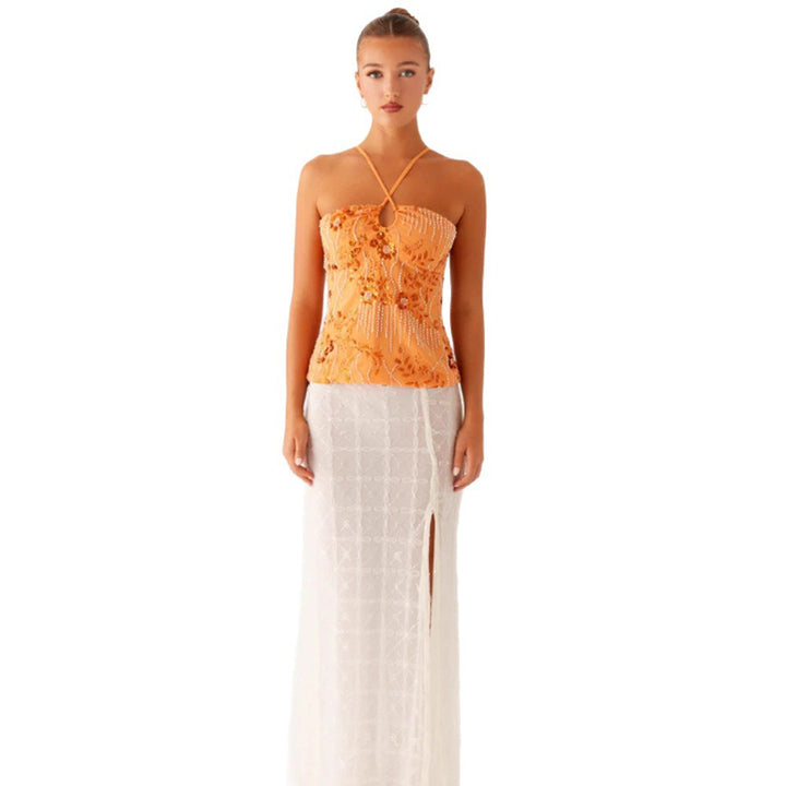 Kvinner Glitrende Bustier Top med Blomsterdesign og Funklende Applikasjoner