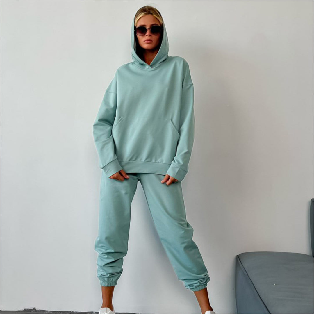 Dame hoodie og joggebukse sett med elastisk midje og avslappet passform