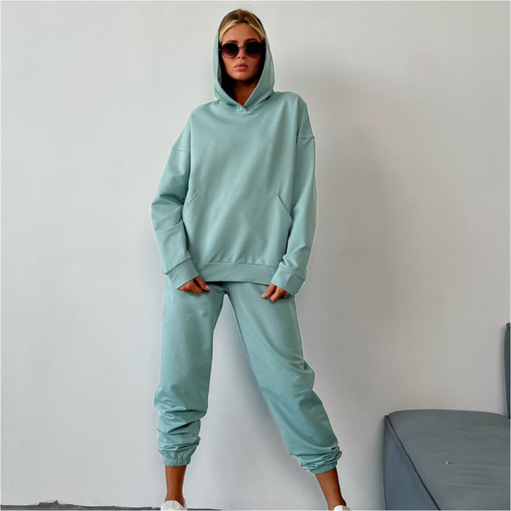 Dame hoodie og joggebukse sett med elastisk midje og avslappet passform