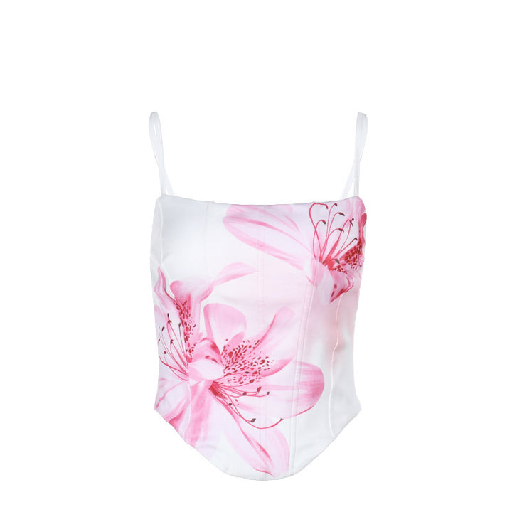 Kvinne mini kjole med blomstertrykk og smale spaghettistropper
