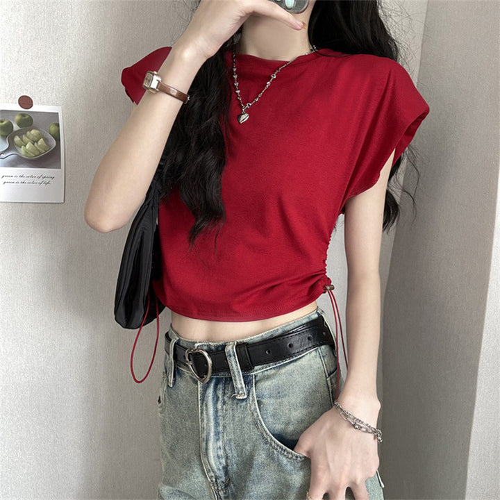 Kvindernes cropped T-shirt med justerbar snor og trendy puffærmer