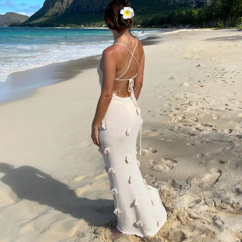 Damen Elegantes gehäkeltes Maxikleid mit floralen Applikationen Skjora