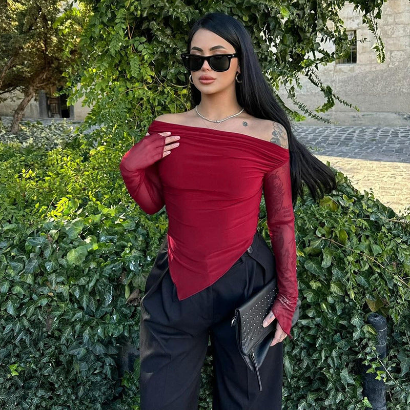 Women's elegant wrap shirt with off-the-shoulder design and transparent sleeves Skjora