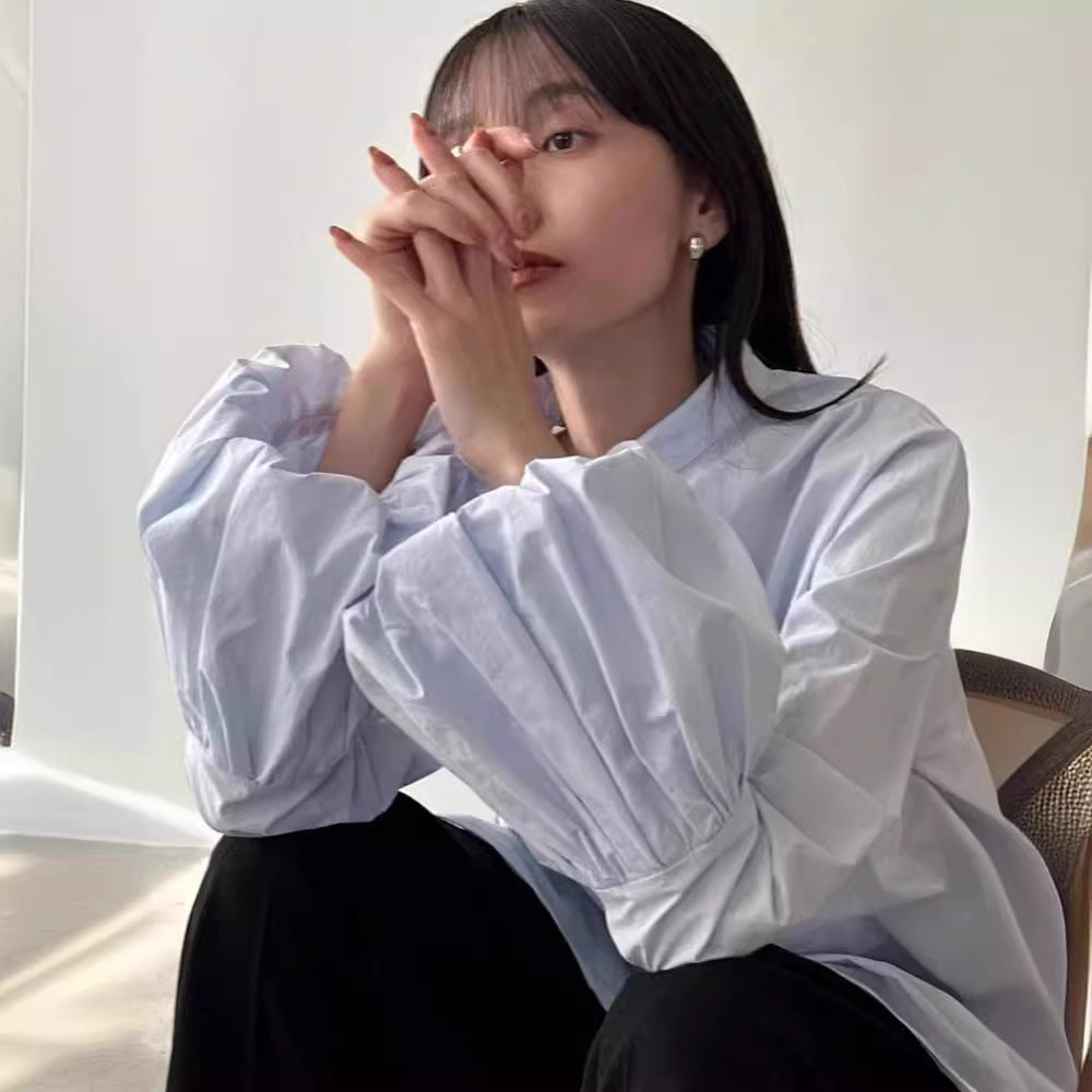 Dame Elegant bluse med voluminøse ermer og ståkrage Skjora