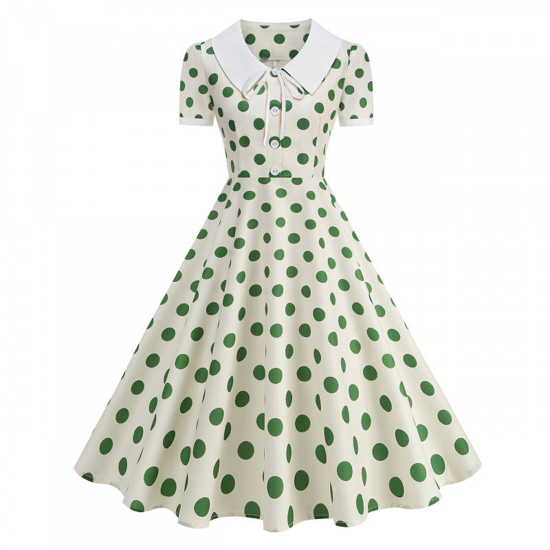 Dame Retro Maxikjole med Krage og Dots Skjora