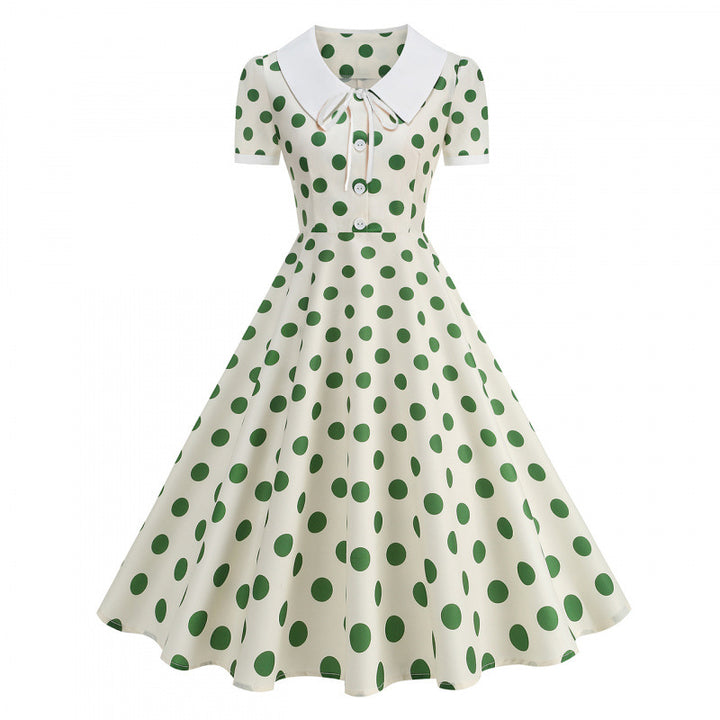 Dame Retro Maxikjole med Krage og Dots Skjora