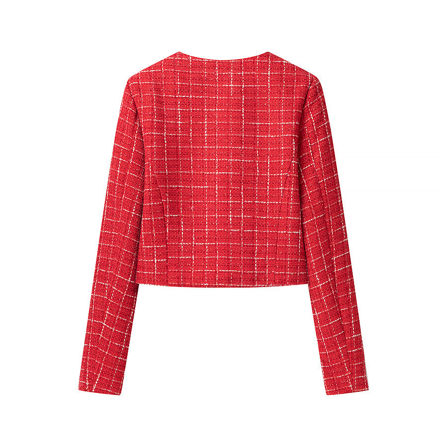 Dame Boucle Jakke med Åpne Lommer og Knappe Detalj Skjora