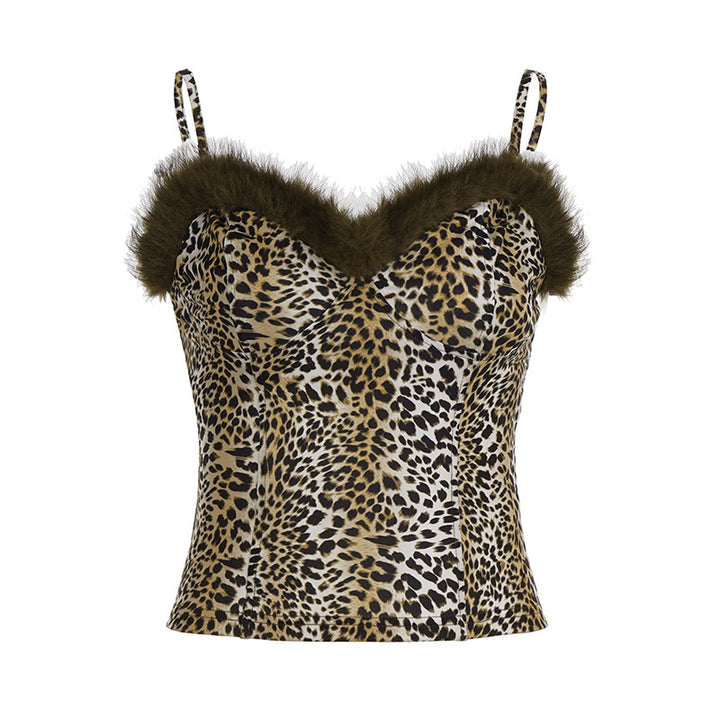 Dame topp med leopardmønster og elegant pelsdetalj Skjora
