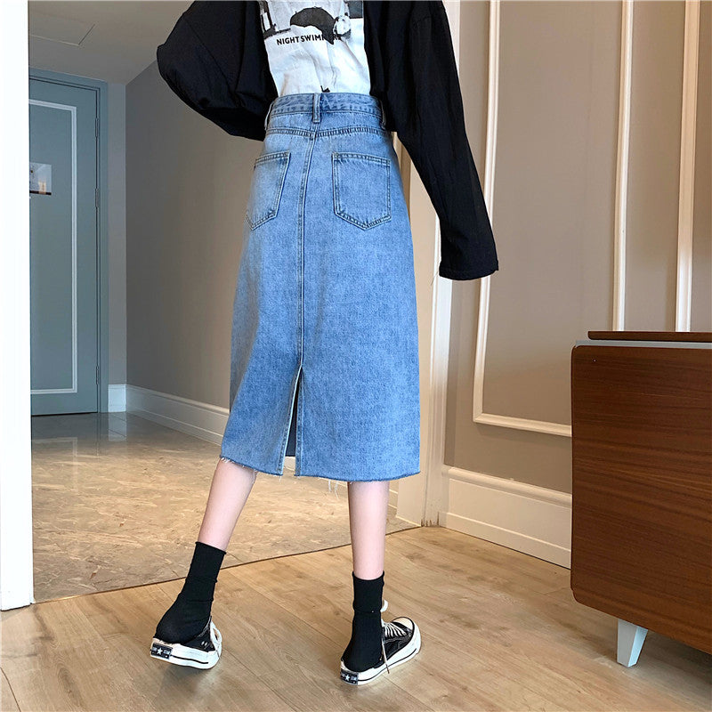 Damer Midi Denim skjørt med ujevn kant Skjora