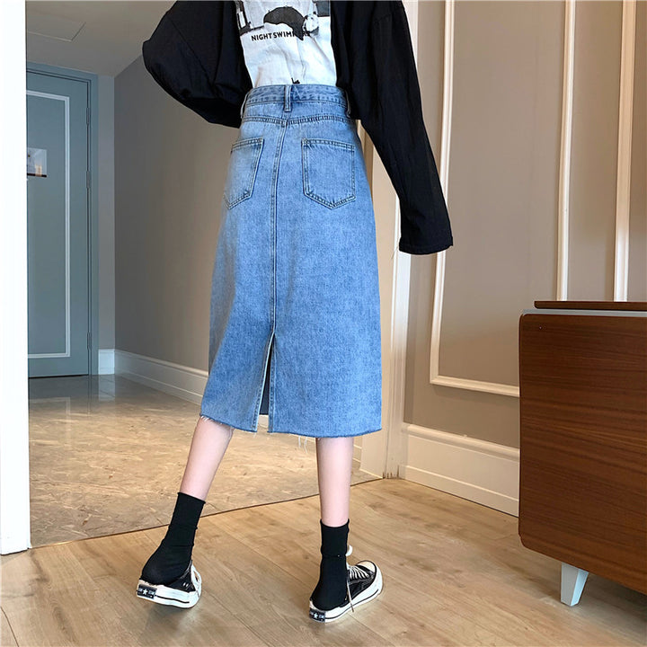Damer Midi Denim skjørt med ujevn kant Skjora