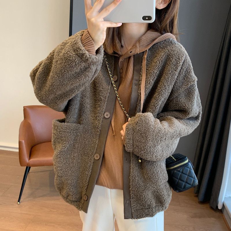 Kvinne Fluffy Oversized Jakke med Store Lommer