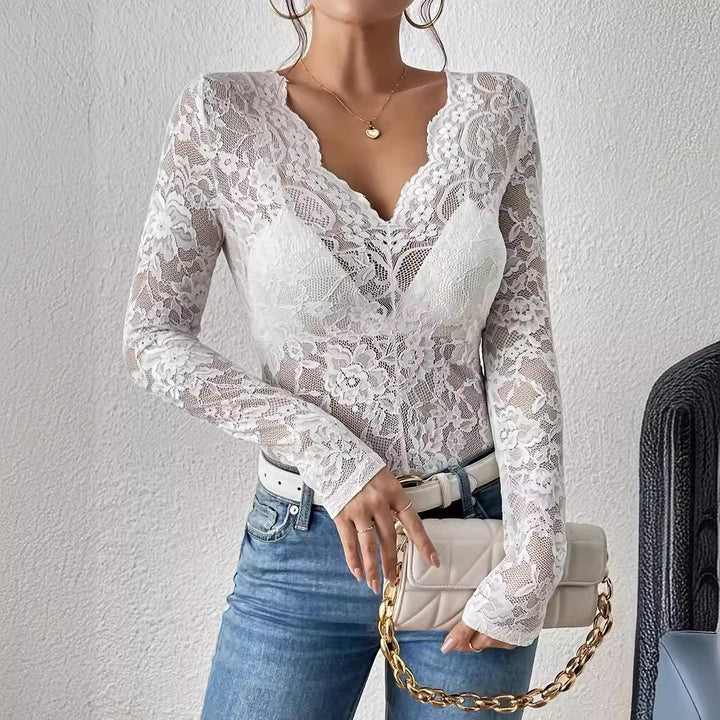 Dame Elegant spissbluse med V-hals og lange ermer Skjora