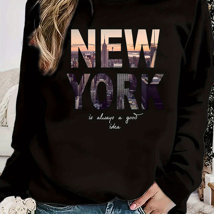 Kvinnenes sweatshirt med kreativ New York skyline print og komfortabel passform Skjora