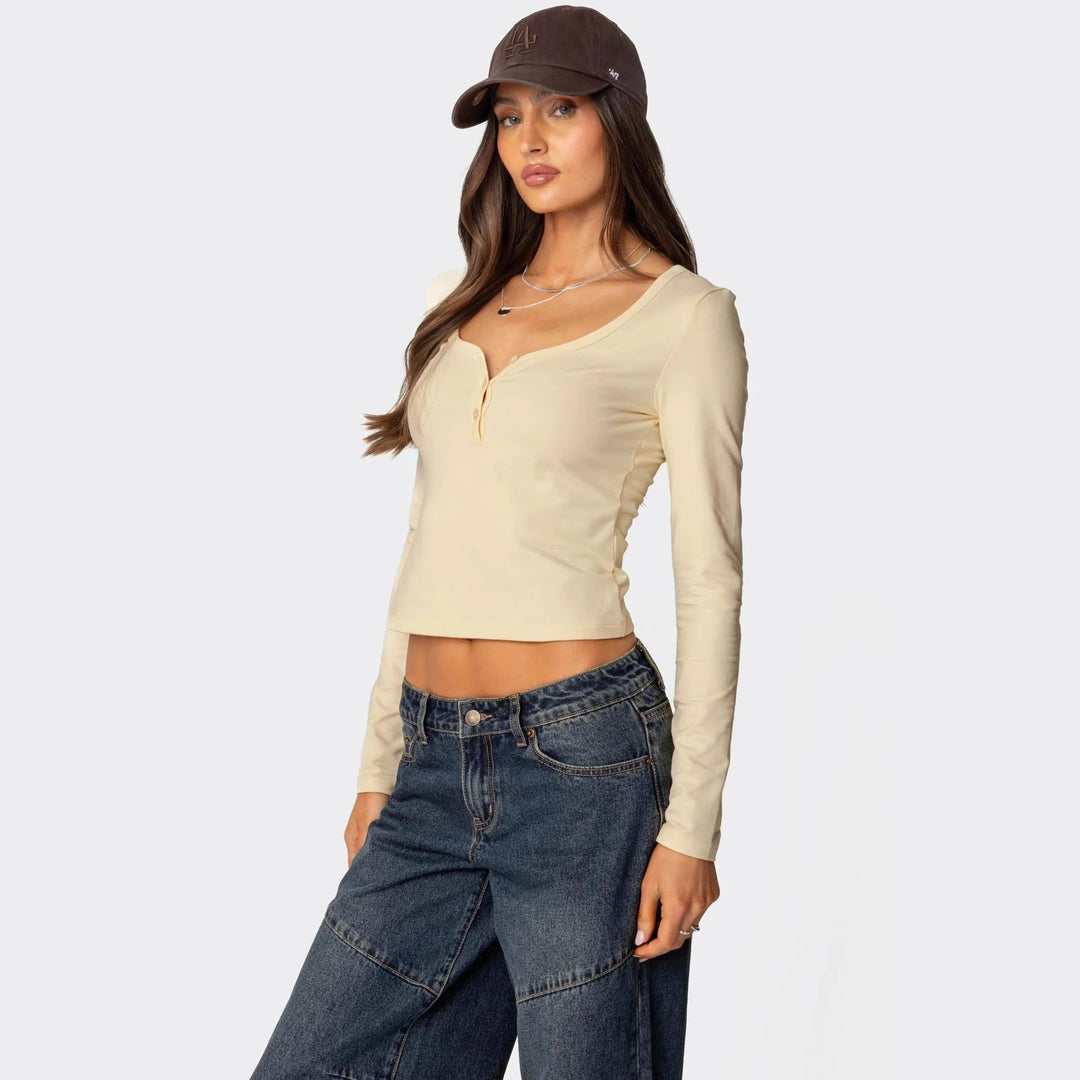 Damen Cropped Langarmhemd mit Knopfleiste und weichem Stoff Skjora