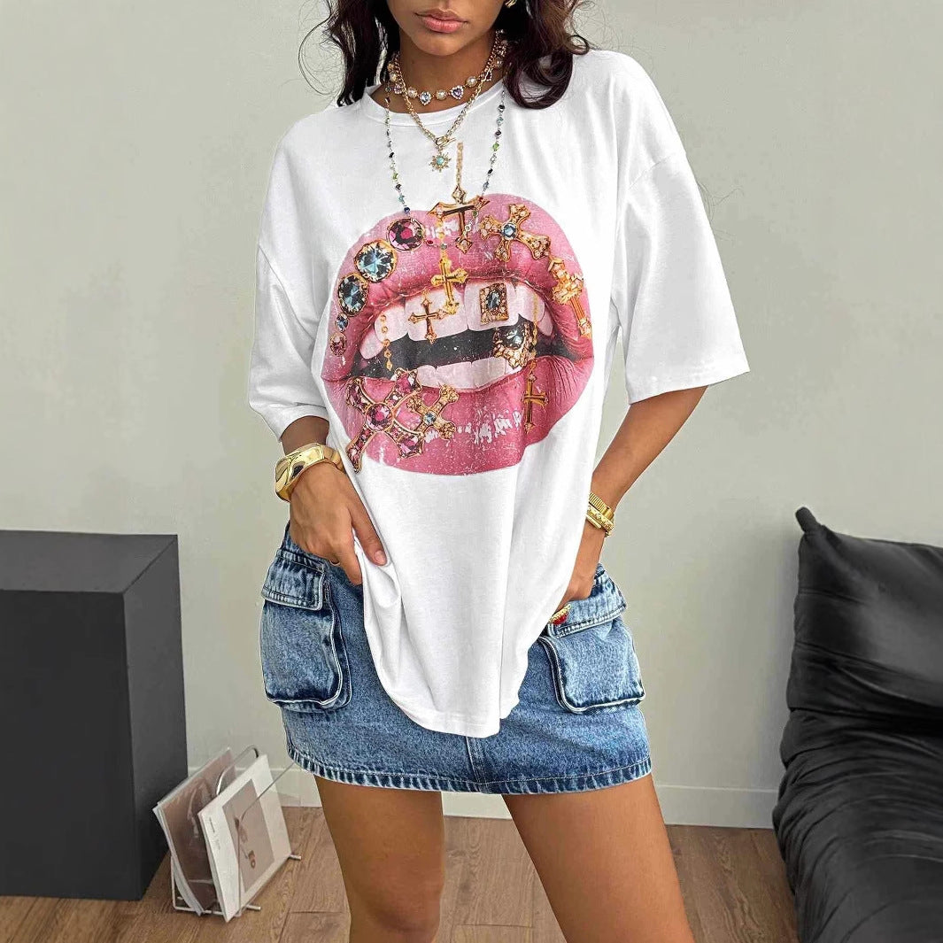 Dame Oversized T-skjorte med kreativ leppe- og smykkedesign Skjora