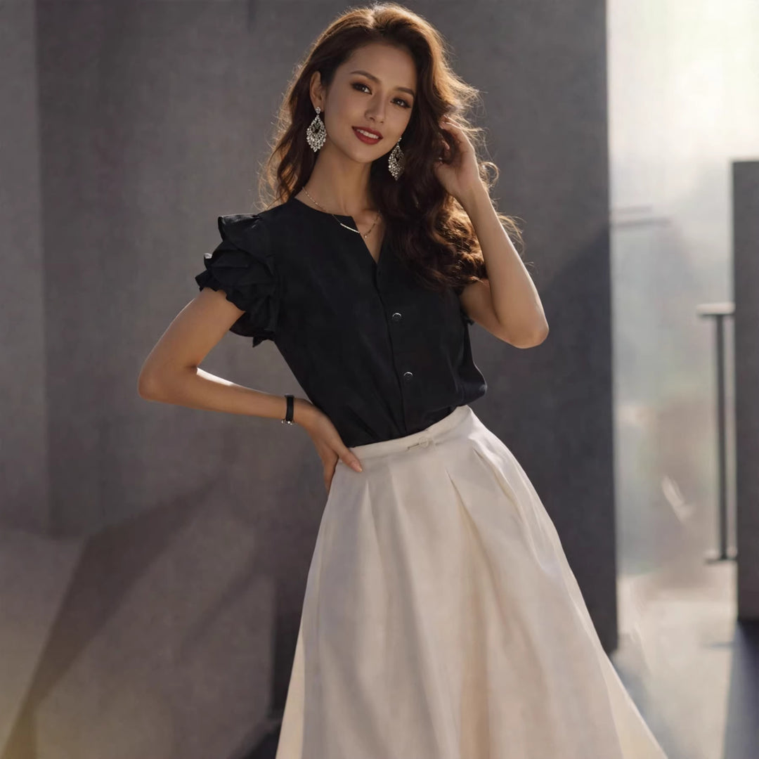 Dame Elegant Bluse med ruffle detaljer i enkelt design Skjora