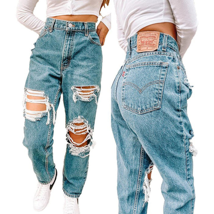 Damer Vintage Høyt liv Ødelagte Jeans med frynsede detaljer Skjora
