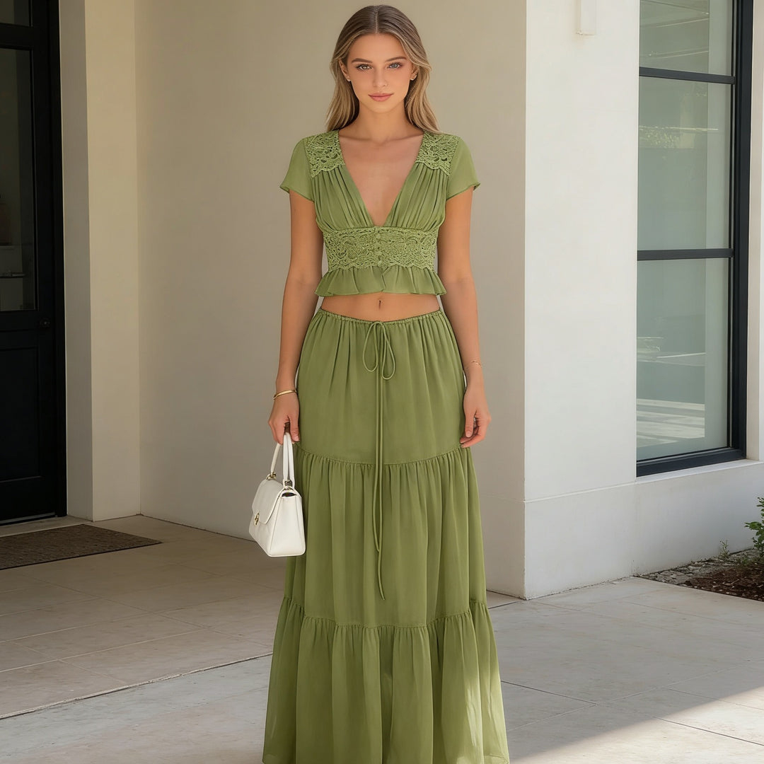 Damer Løs Maxi-Kjole med elegant rynking og cropped topp Skjora
