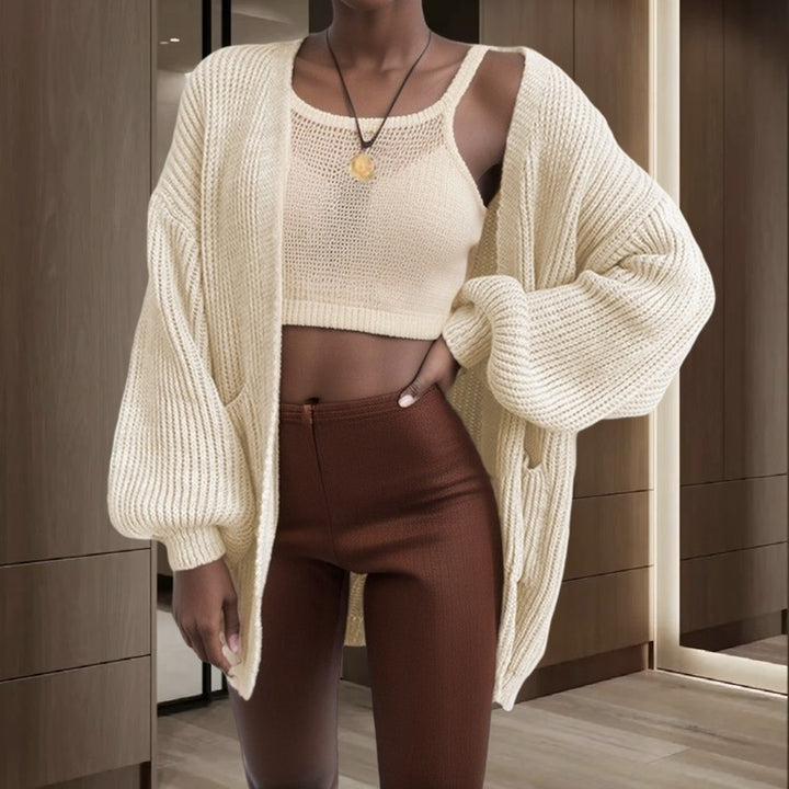 Damer chunky strikket cardigan med voluminøse ermer og praktiske lommer Skjora