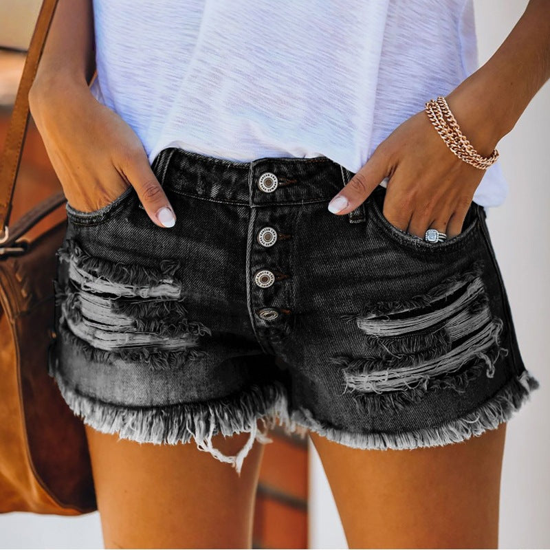 Dame Denim Shorts med ødelagt utseende og høy midje Skjora