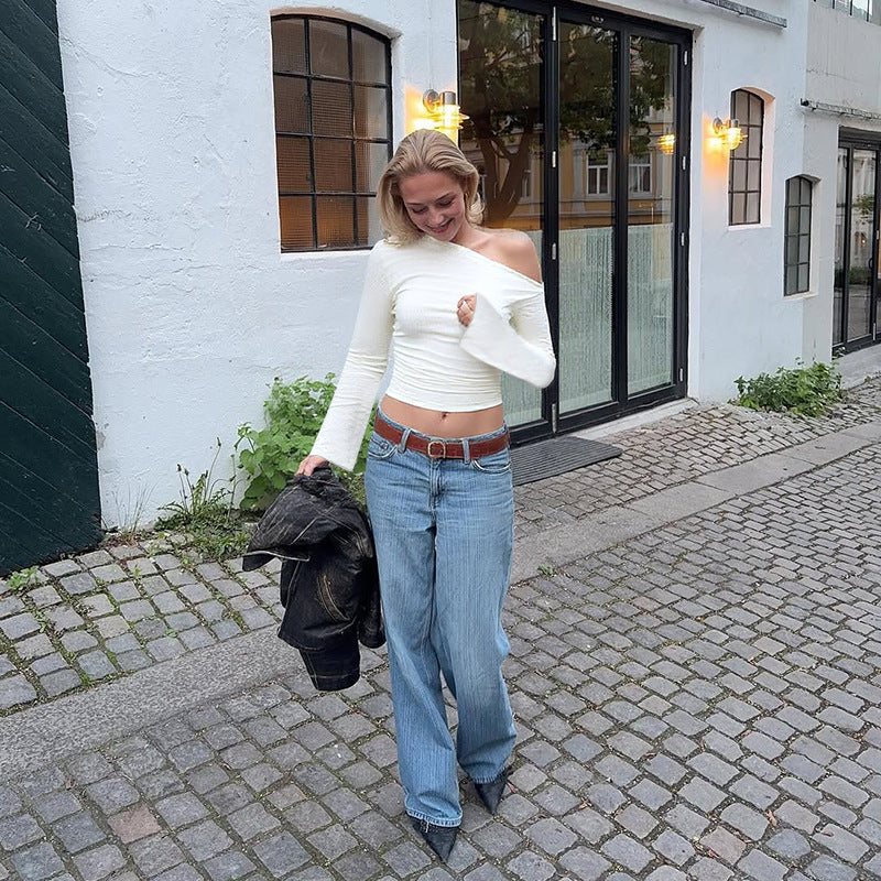 Kvinne Elegant En-Sidig Halv-ermet Topp med Moderen Teksturert Design og Matchende Bukser