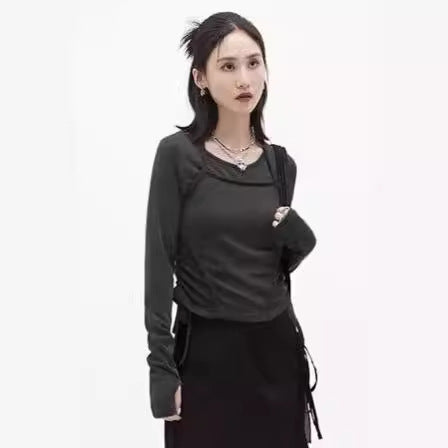 Damen Langerm Crop-Top med justerbar snor Skjora