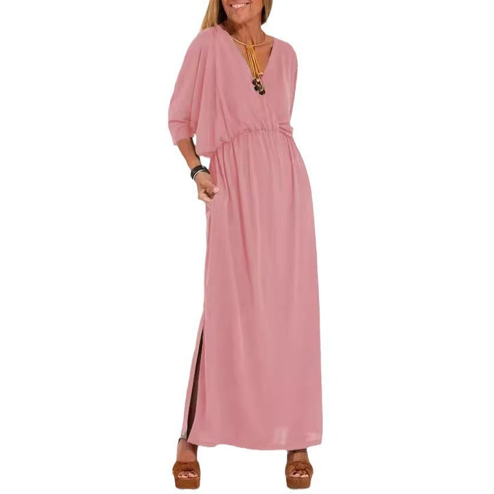 Kvinne elegant maxi kjole med sidesplit og fleksibel midje Skjora