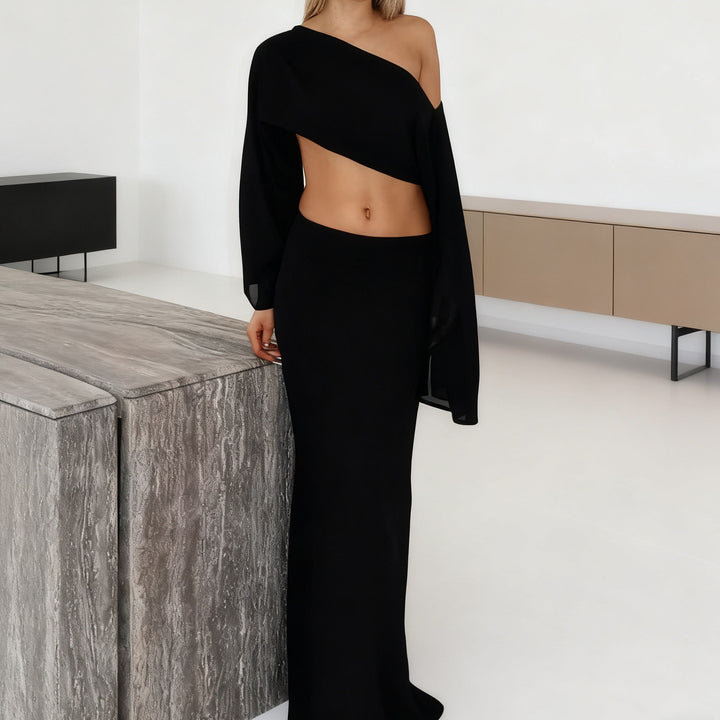 Dame Elegant Maxi-Kjole med asymmetrisk snitt og langt erme Skjora