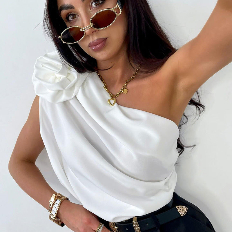 Dame Elegant One-Shoulder-top med voluminøst rysjedetalj Skjora