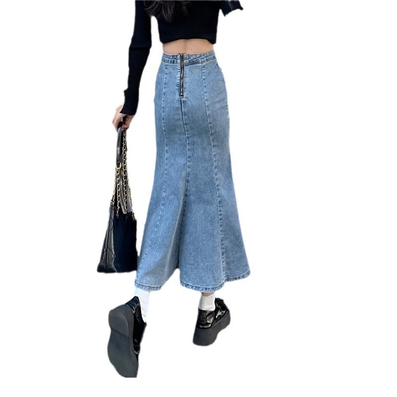 Kvinne Flared Denim Skjørt med Høy Slitt Skjora