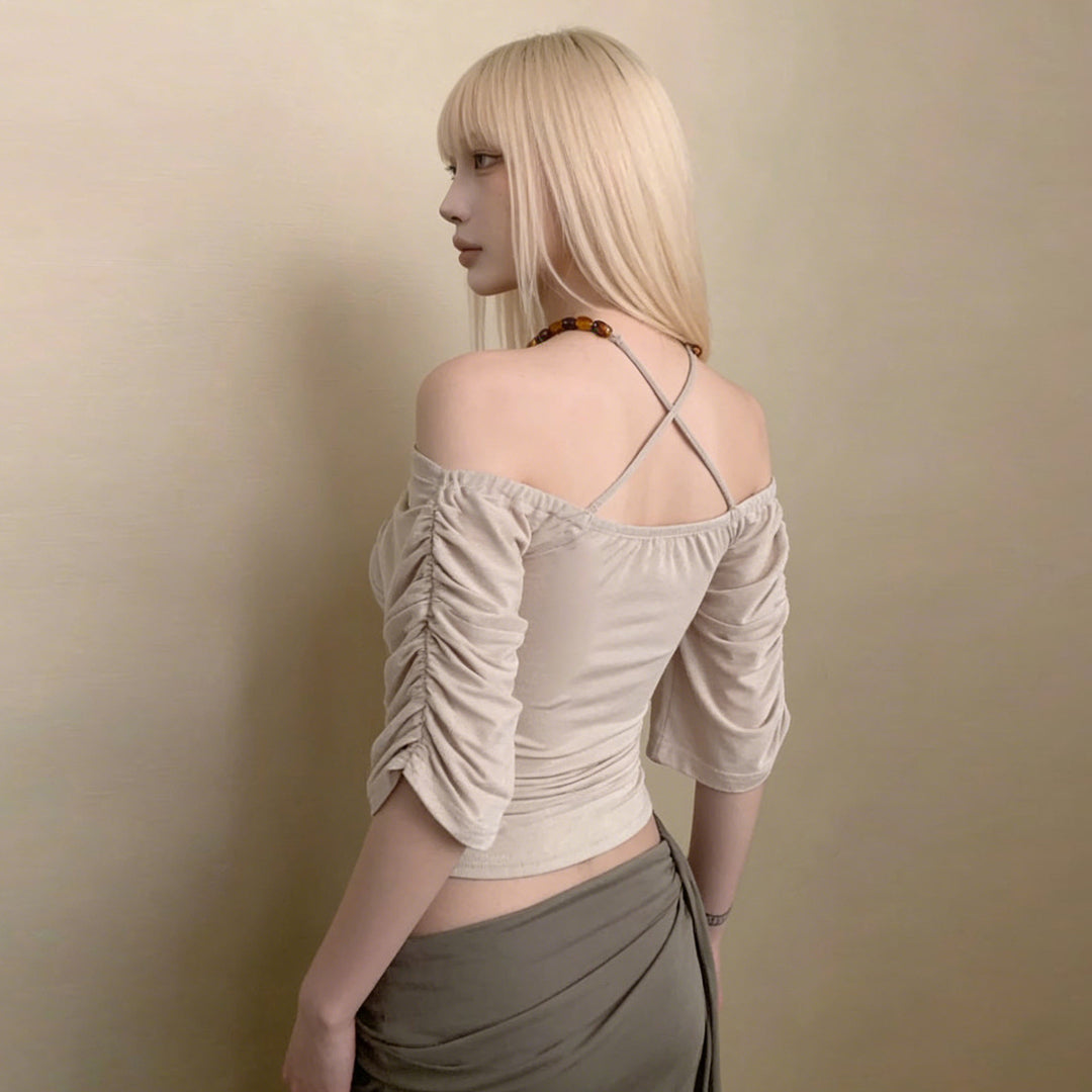 Dame Off-Shoulder Top med voluminøse ermer og dekorativ knute Skjora