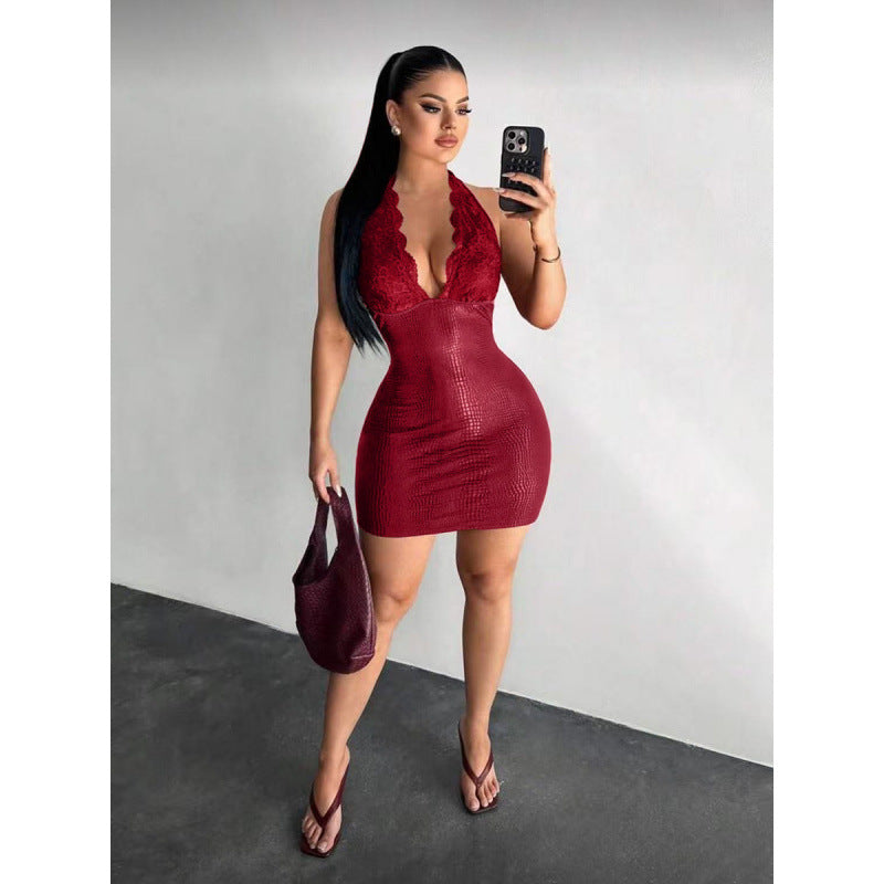 Dame Elegant Bodycon Kjole med Spissdetaljer og Dyp V-Utskjæring Skjora